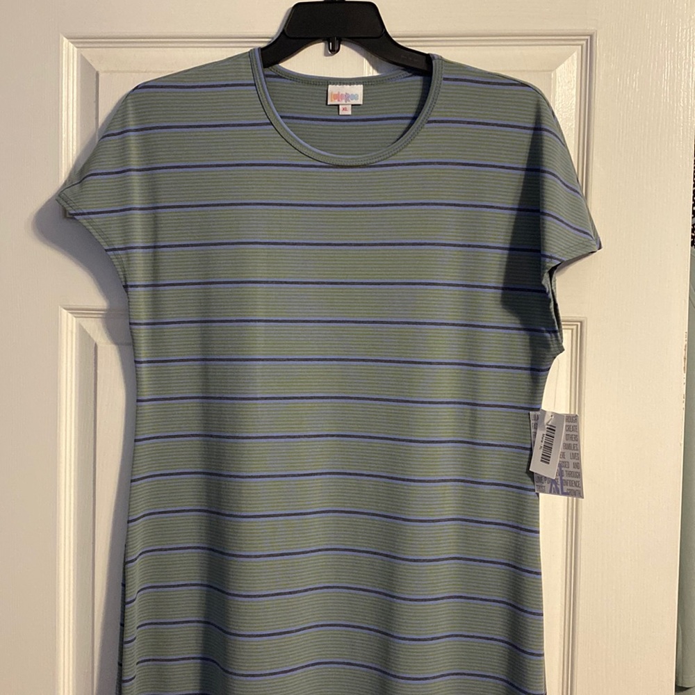 NWT LuLaRoe Maria maxi dress.  Green and lt blue & gray stripe